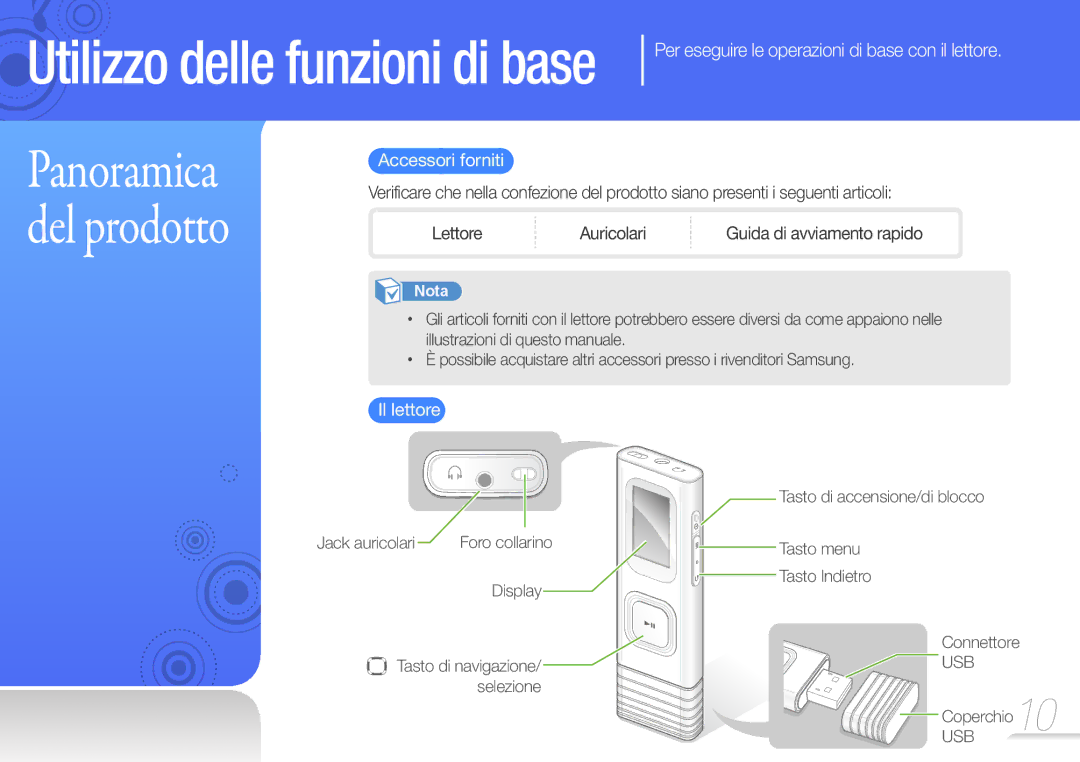 Samsung YP-U7AP/EDC, YP-U7AB/EDC manual Per eseguire le operazioni di base con il lettore, Accessori forniti, Il lettore 