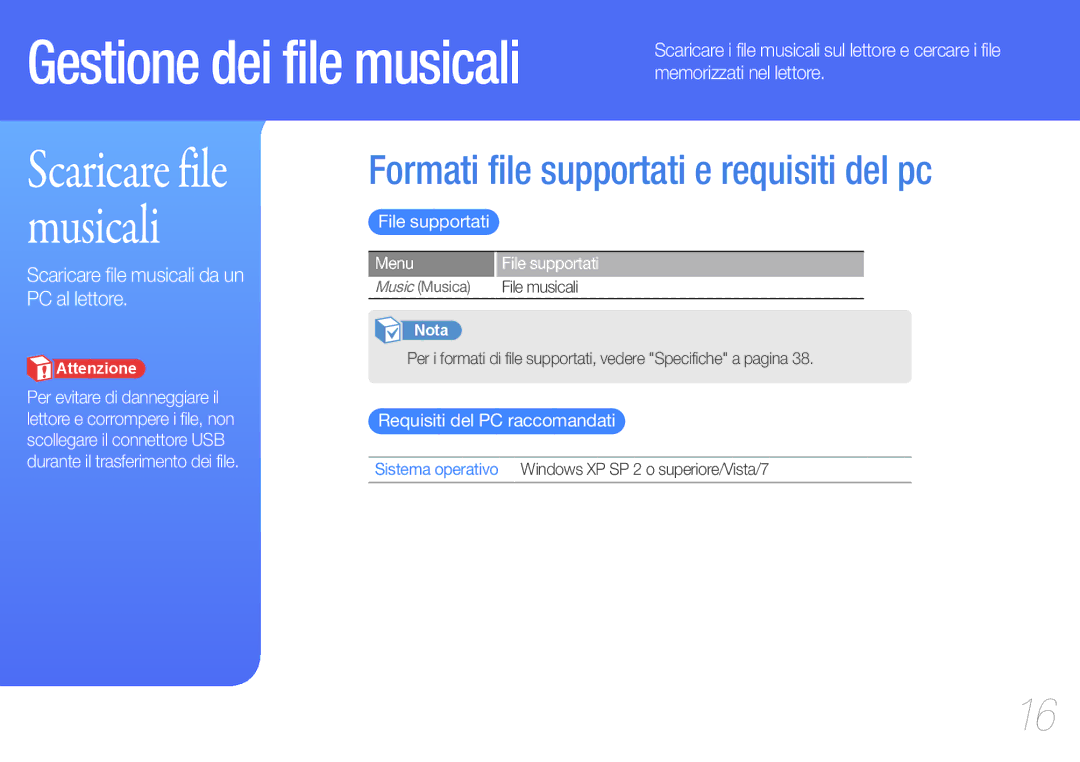 Samsung YP-U7AP/EDC manual Formati file supportati e requisiti del pc, File supportati, Requisiti del PC raccomandati 