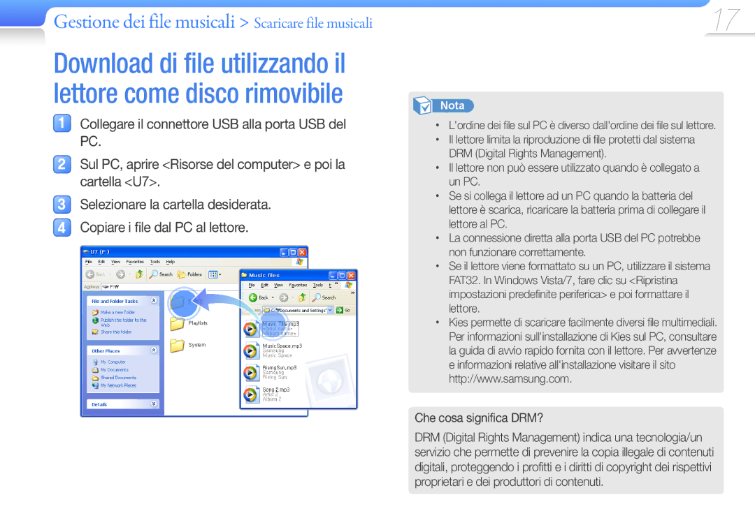 Samsung YP-U7AS/EDC, YP-U7AB/EDC, YP-U7AP/EDC manual Gestione dei file musicali Scaricare file musicali 