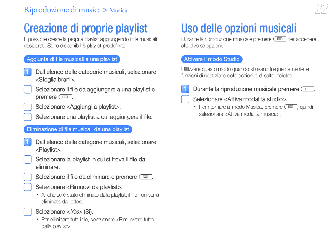 Samsung YP-U7AP/EDC Creazione di proprie playlist, Uso delle opzioni musicali, Aggiunta di file musicali a una playlist 