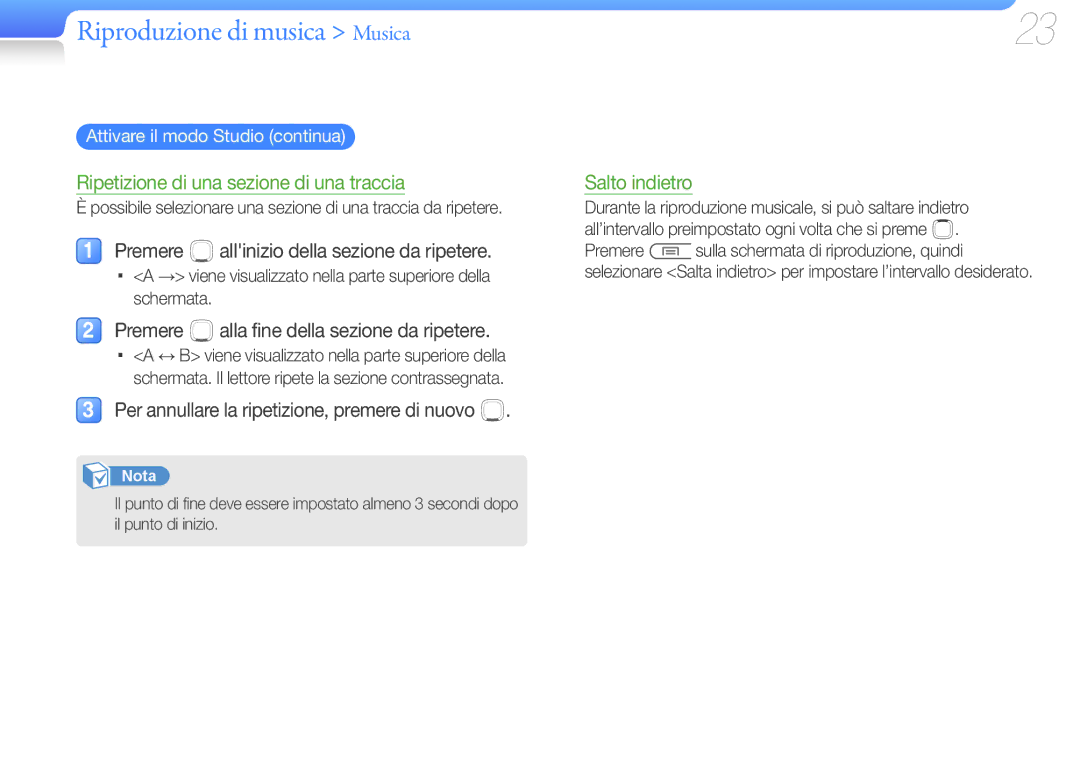 Samsung YP-U7AS/EDC, YP-U7AB/EDC, YP-U7AP/EDC Ripetizione di una sezione di una traccia, Attivare il modo Studio continua 