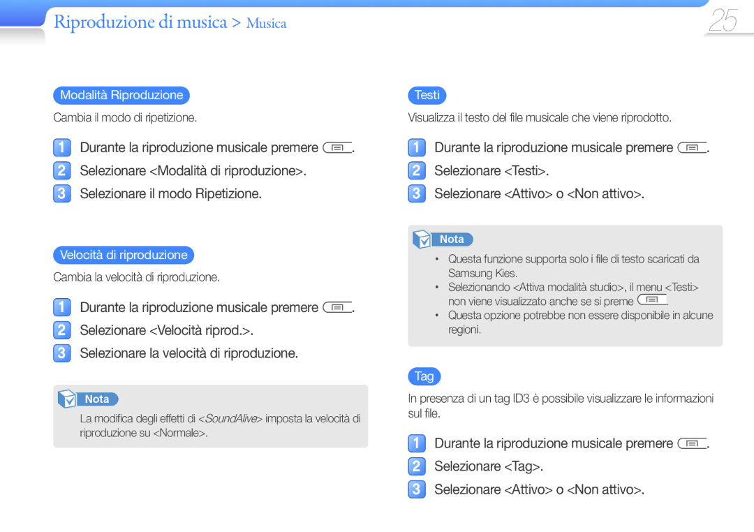 Samsung YP-U7AP/EDC, YP-U7AB/EDC, YP-U7AS/EDC manual Modalità Riproduzione, Velocità di riproduzione, Testi, Tag 