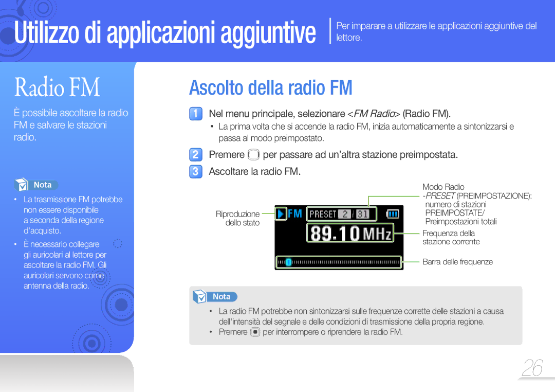 Samsung YP-U7AS/EDC, YP-U7AB/EDC Ascolto della radio FM, Seconda della regione dacquisto, Modo Radio, Numero di stazioni 