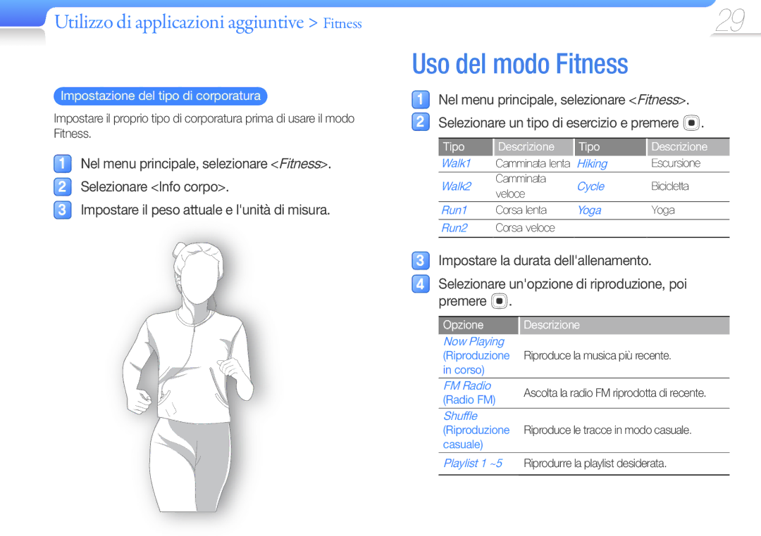 Samsung YP-U7AS/EDC, YP-U7AB/EDC, YP-U7AP/EDC manual Uso del modo Fitness, Impostazione del tipo di corporatura 