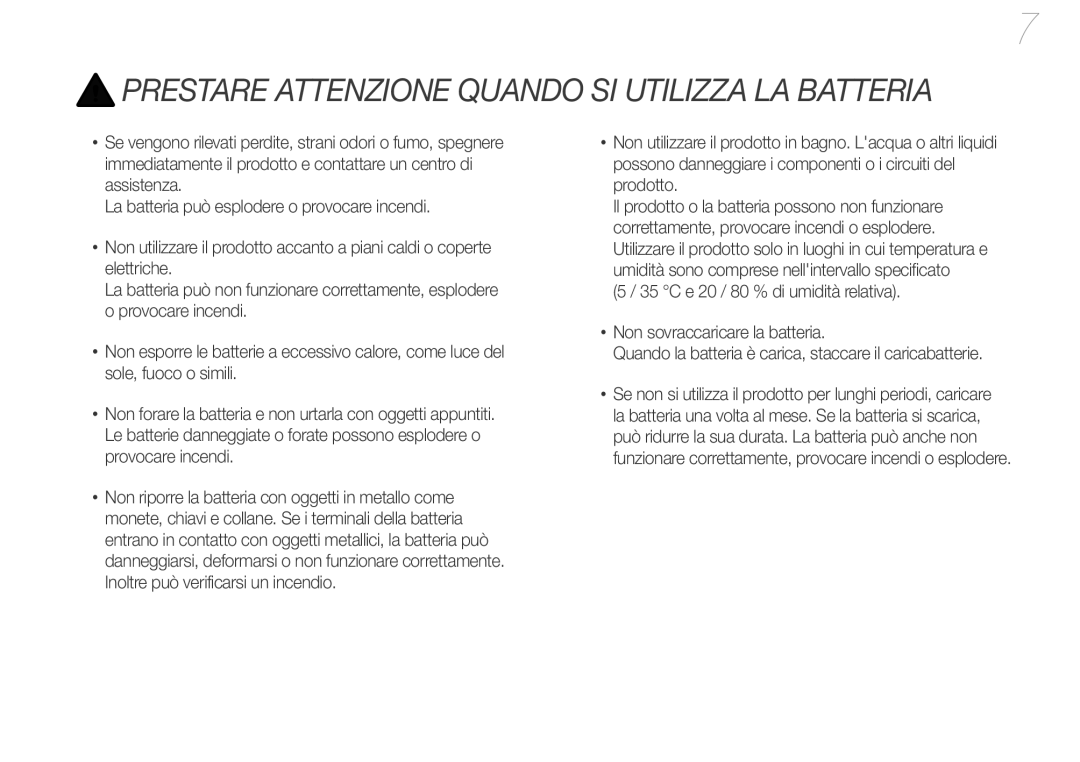 Samsung YP-U7AP/EDC, YP-U7AB/EDC, YP-U7AS/EDC manual Prestare Attenzione Quando SI Utilizza LA Batteria 