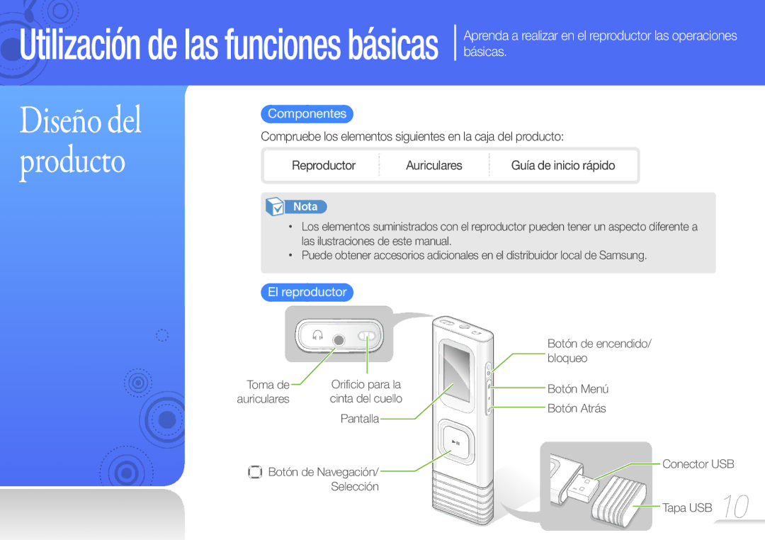 Samsung YP-U7AP/EDC, YP-U7AB/EDC, YP-U7AS/EDC manual Componentes, El reproductor 