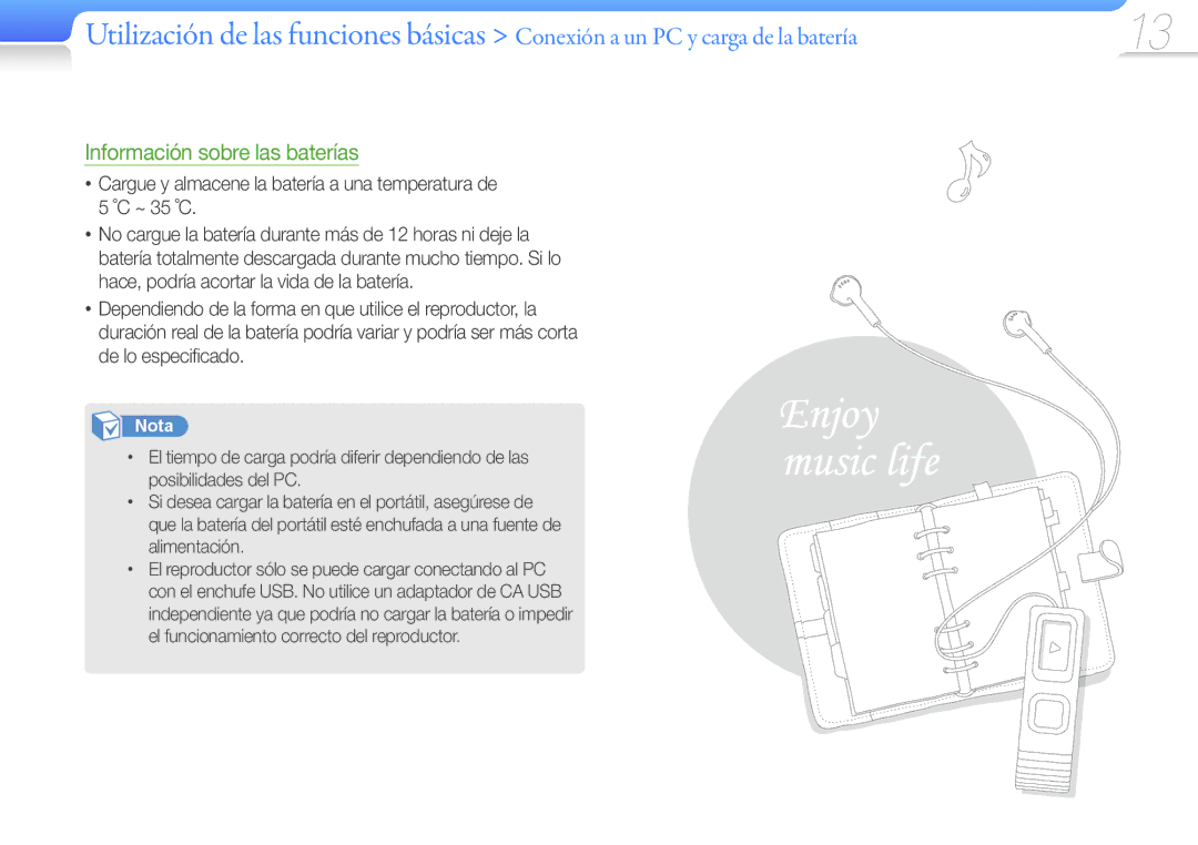 Samsung YP-U7AP/EDC, YP-U7AB/EDC, YP-U7AS/EDC manual Información sobre las baterías 