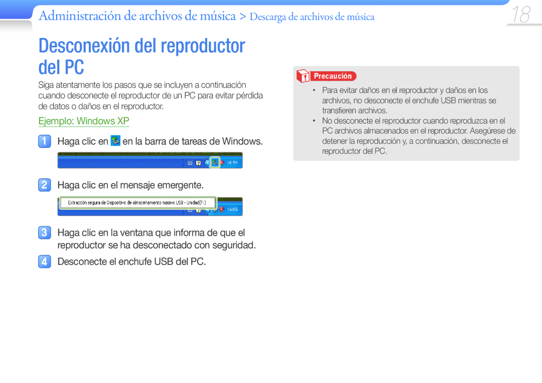 Samsung YP-U7AB/EDC, YP-U7AP/EDC, YP-U7AS/EDC manual Desconexión del reproductor del PC, Desconecte el enchufe USB del PC 