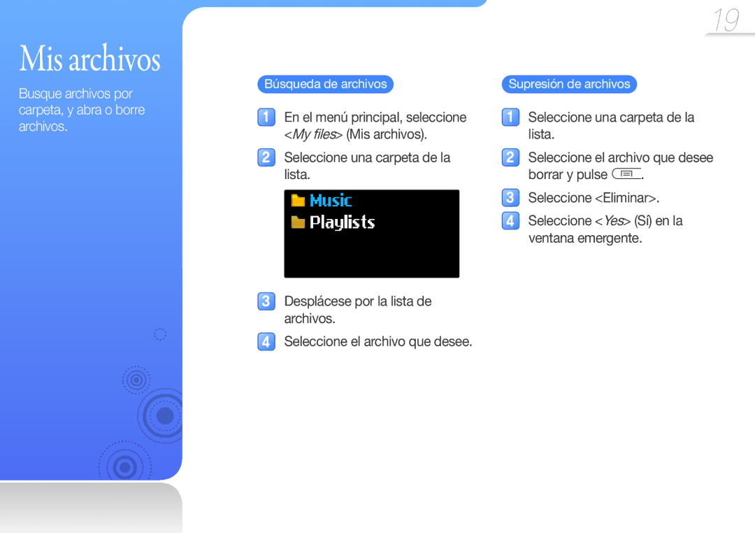 Samsung YP-U7AP/EDC Búsqueda de archivos, En el menú principal, seleccione My files Mis archivos, Supresión de archivos 