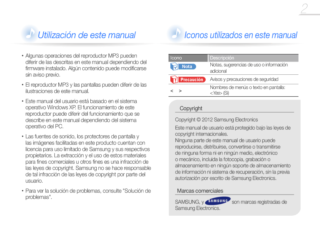 Samsung YP-U7AS/EDC, YP-U7AB/EDC, YP-U7AP/EDC manual Marcas comerciales SAMSUNG, y, Samsung Electronics, Icono Descripción 