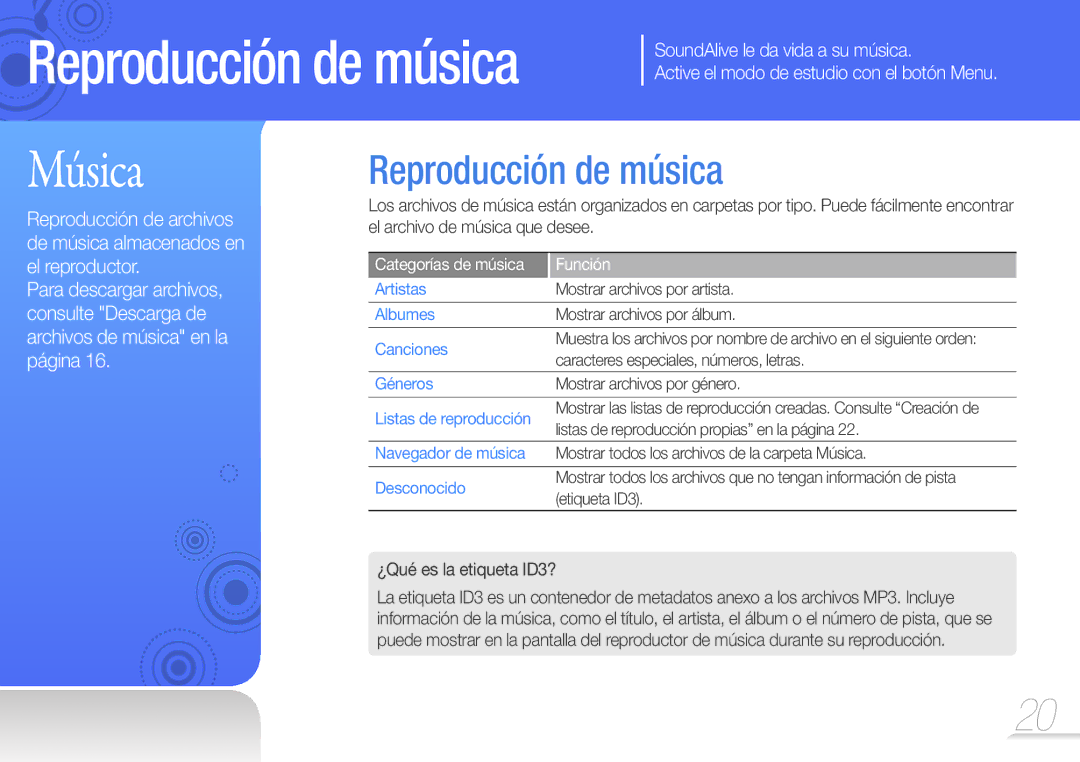 Samsung YP-U7AS/EDC, YP-U7AB/EDC manual Reproducción de música, ¿Qué es la etiqueta ID3?, Categorías de música Función 