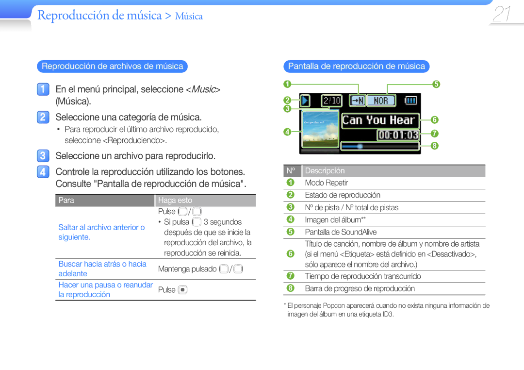 Samsung YP-U7AB/EDC manual Seleccione un archivo para reproducirlo, Reproducción de archivos de música, Para Haga esto 