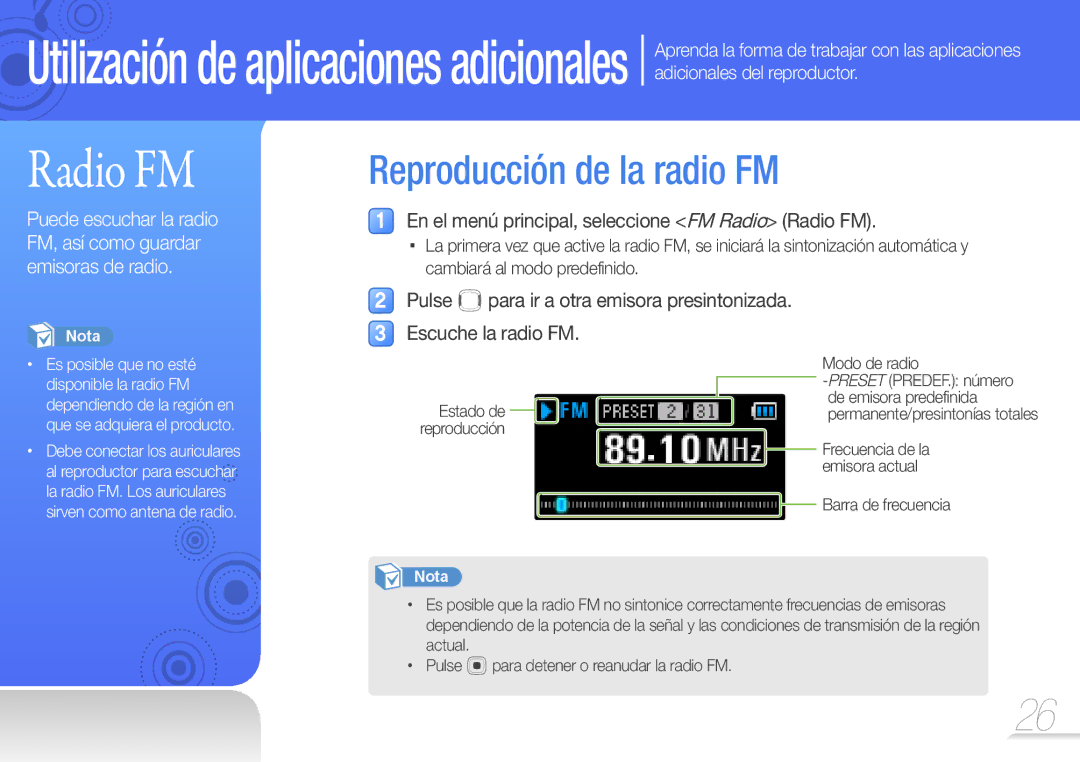 Samsung YP-U7AS/EDC, YP-U7AB/EDC manual Reproducción de la radio FM, En el menú principal, seleccione FM Radio Radio FM 