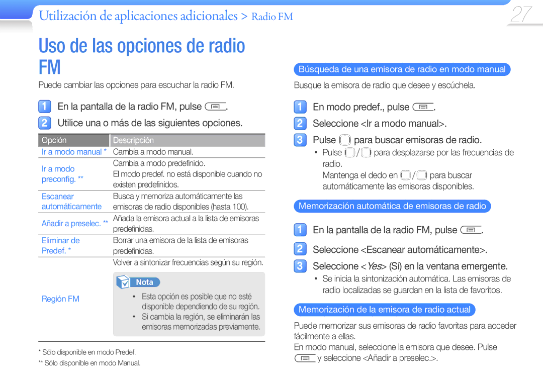 Samsung YP-U7AB/EDC Búsqueda de una emisora de radio en modo manual, Busque la emisora de radio que desee y escúchela 