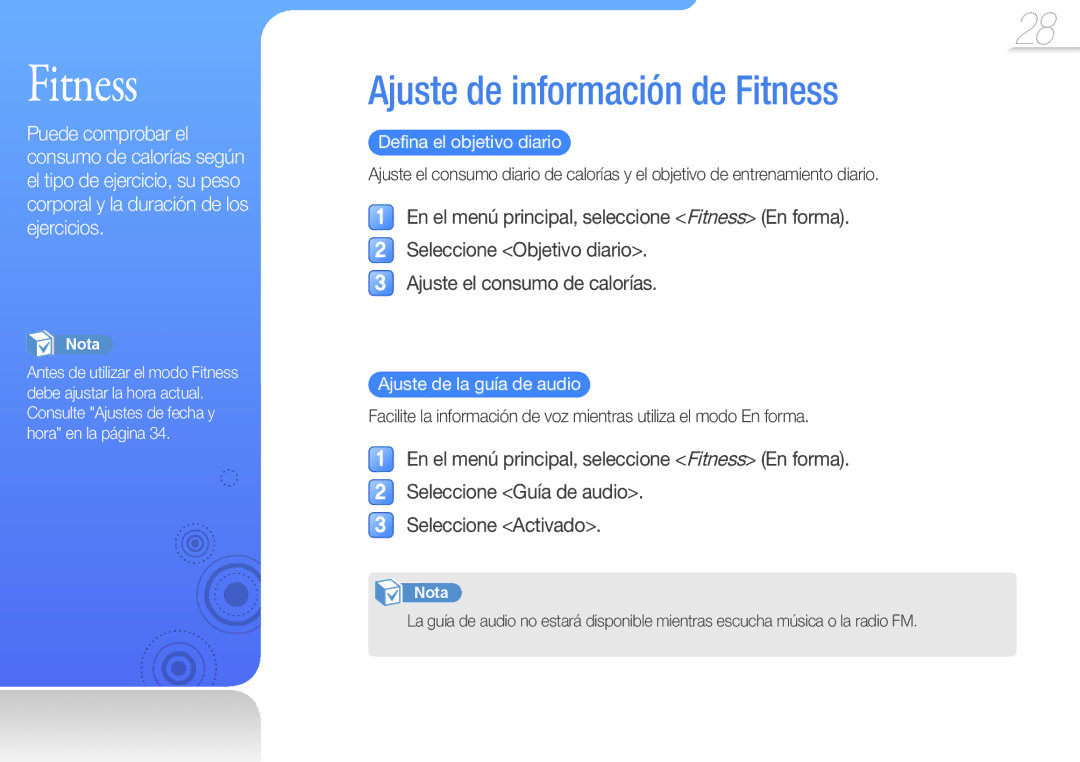 Samsung YP-U7AP/EDC, YP-U7AB/EDC Ajuste de información de Fitness, Defina el objetivo diario, Ajuste de la guía de audio 