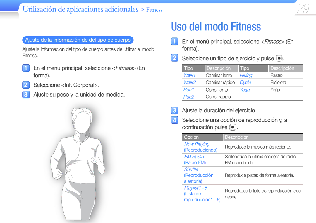 Samsung YP-U7AS/EDC, YP-U7AB/EDC, YP-U7AP/EDC manual Uso del modo Fitness, Ajuste de la información de del tipo de cuerpo 