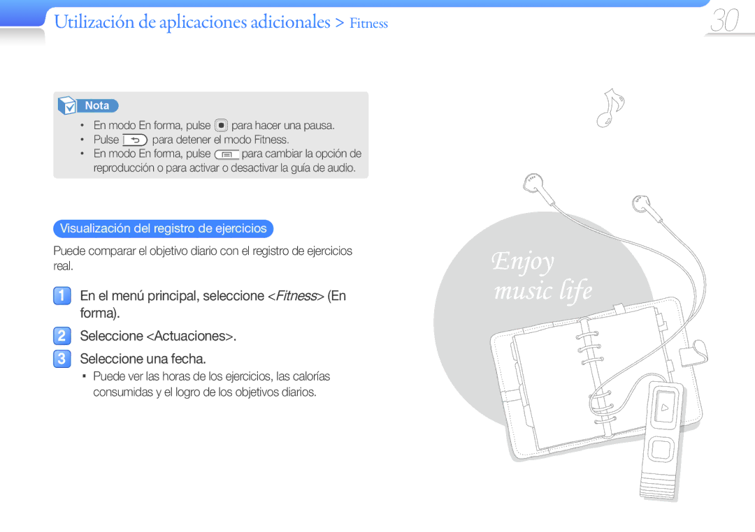 Samsung YP-U7AB/EDC manual En el menú principal, seleccione Fitness En forma, Visualización del registro de ejercicios 