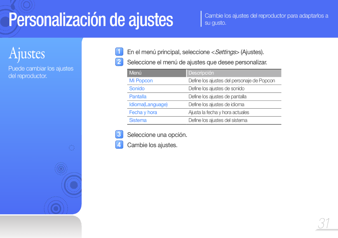 Samsung YP-U7AP/EDC Seleccione una opción Cambie los ajustes, Puede cambiar los ajustes del reproductor, Menú Descripción 