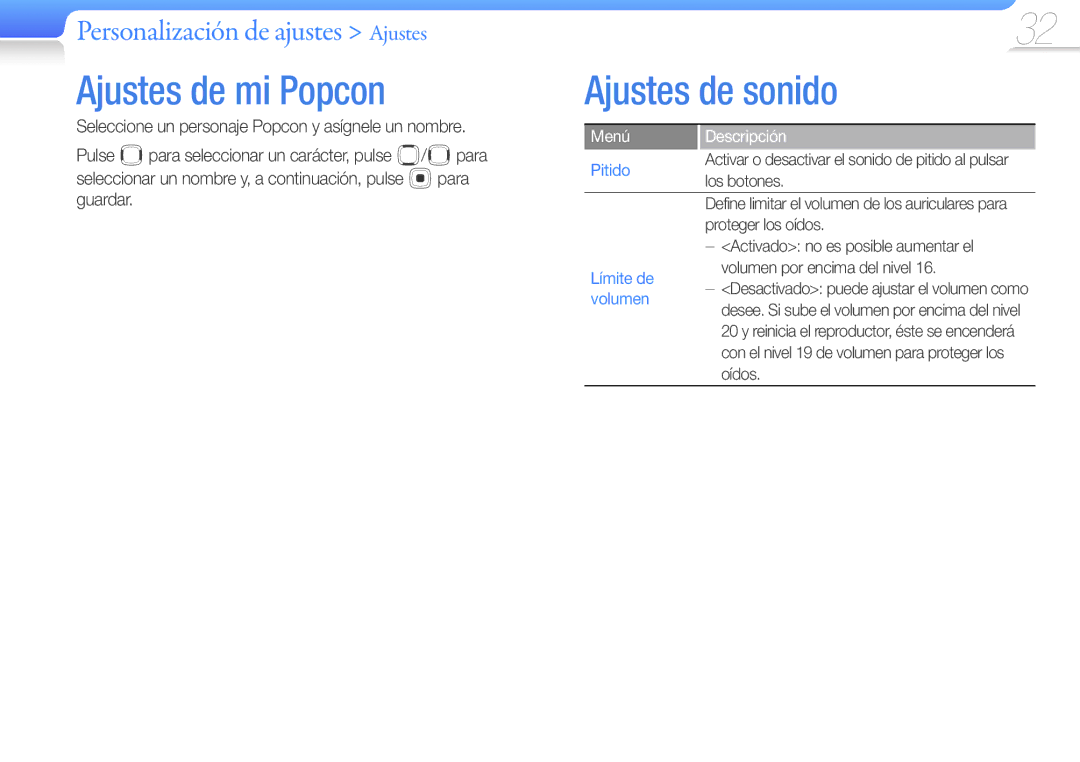 Samsung YP-U7AS/EDC, YP-U7AB/EDC, YP-U7AP/EDC manual Ajustes de mi Popcon, Ajustes de sonido, Pitido, Límite de, Volumen 