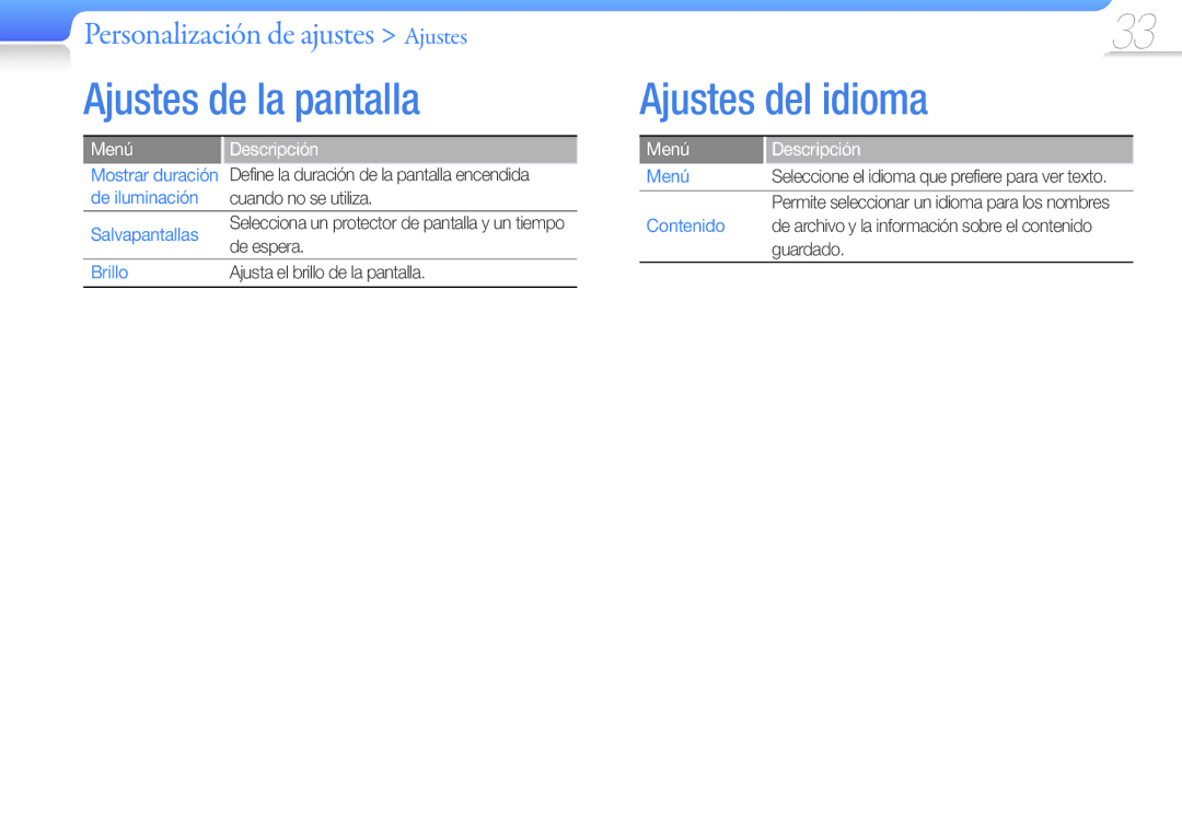 Samsung YP-U7AB/EDC, YP-U7AP/EDC, YP-U7AS/EDC manual Ajustes de la pantalla, Ajustes del idioma 