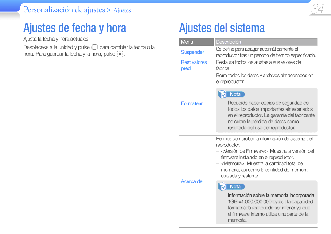 Samsung YP-U7AP/EDC, YP-U7AB/EDC, YP-U7AS/EDC Ajustes de fecha y hora, Ajustes del sistema, Ajusta la fecha y hora actuales 