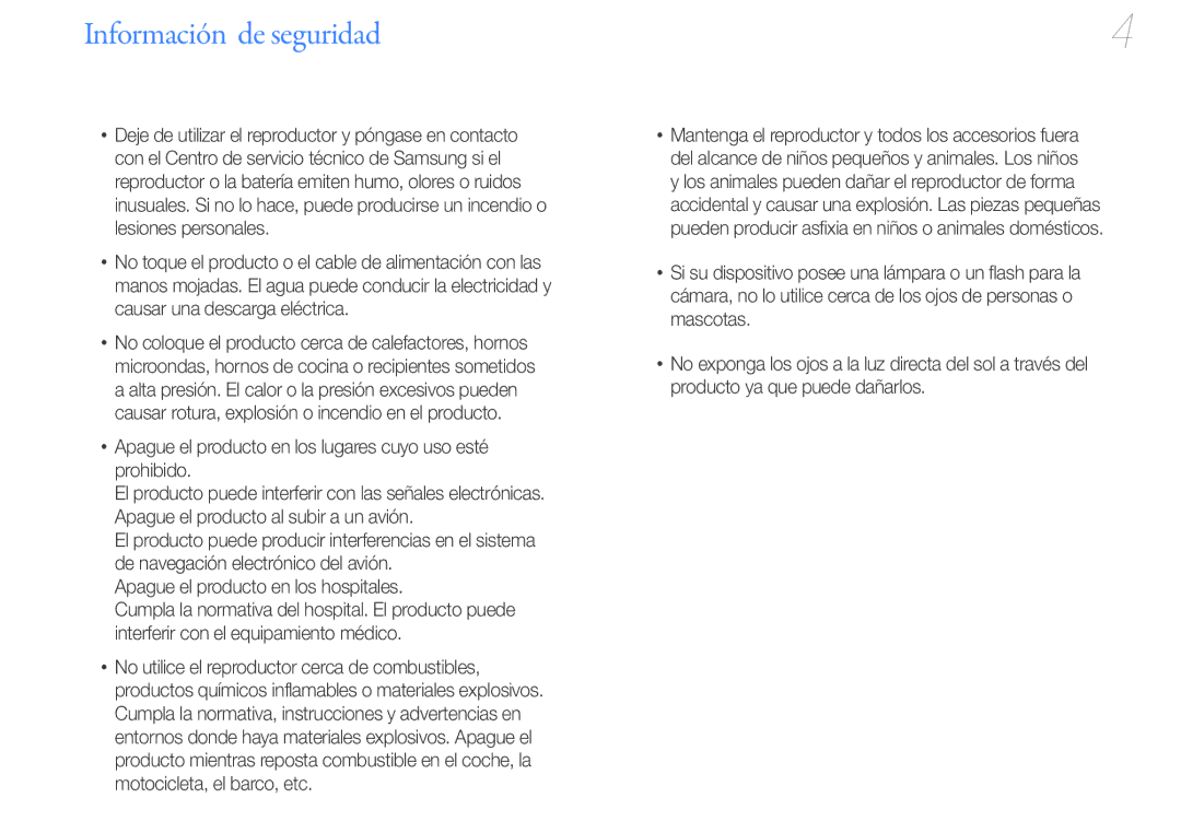 Samsung YP-U7AP/EDC, YP-U7AB/EDC manual Información de seguridad, Apague el producto en los lugares cuyo uso esté prohibido 