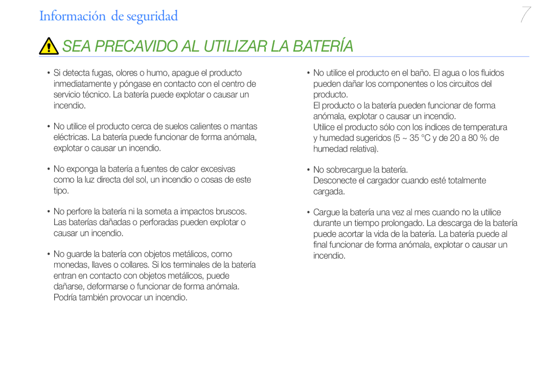 Samsung YP-U7AP/EDC, YP-U7AB/EDC, YP-U7AS/EDC manual SEA Precavido AL Utilizar LA Batería 