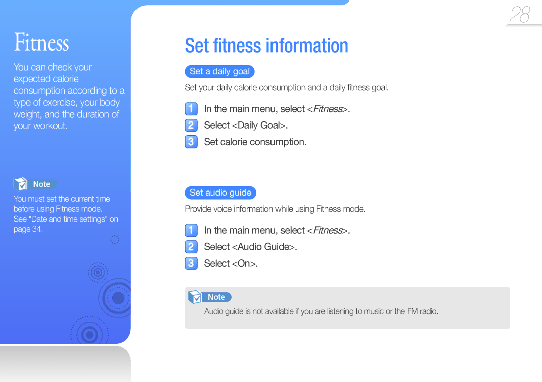 Samsung YP-U7AP/EDC, YP-U7AP/XEF Main menu, select Fitness Select Audio Guide Select On, Set a daily goal, Set audio guide 