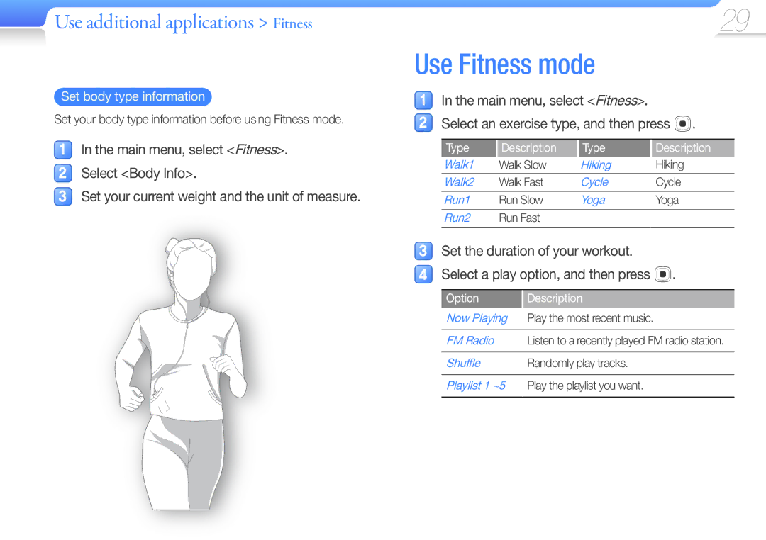 Samsung YP-U7AS/EDC, YP-U7AP/XEF, YP-U7AS/XEF, YP-U7AB/XEF Use additional applications Fitness, Set body type information 