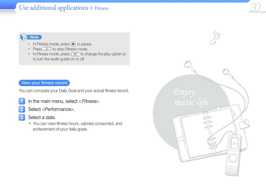 Samsung YP-U7AP/XEF, YP-U7AS/XEF manual Main menu, select Fitness Select Performance Select a date, View your fitness record 