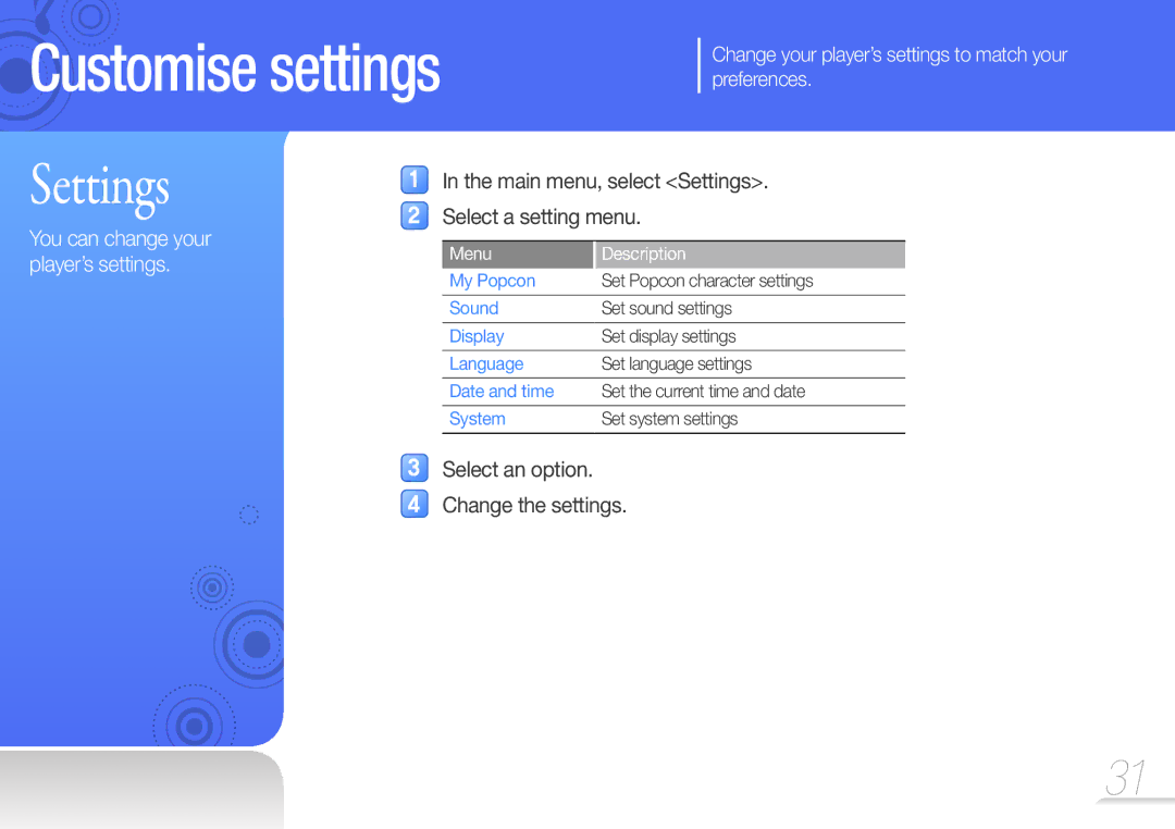 Samsung YP-U7AS/XEF, YP-U7AP/XEF Main menu, select Settings Select a setting menu, Select an option Change the settings 