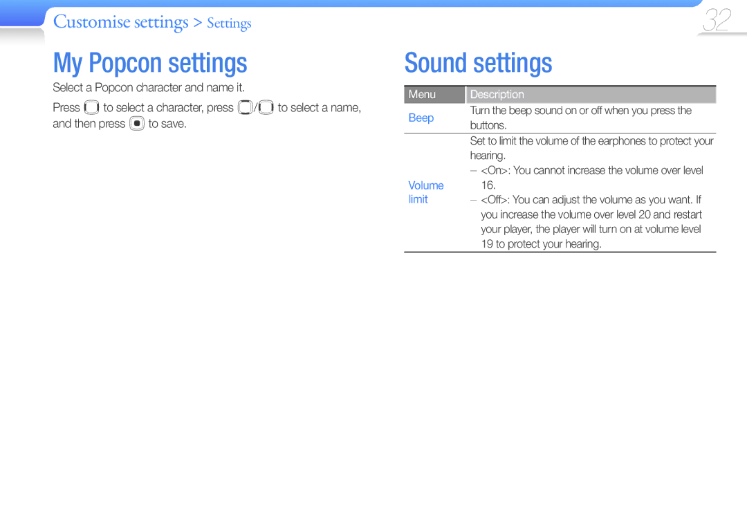 Samsung YP-U7AB/XEF, YP-U7AP/XEF, YP-U7AS/XEF, YP-U7AB/EDC, YP-U7AP/EDC, YP-U7AS/EDC My Popcon settings, Sound settings, Beep 