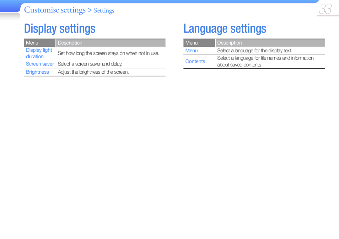 Samsung YP-U7AB/EDC, YP-U7AP/XEF, YP-U7AS/XEF, YP-U7AB/XEF, YP-U7AP/EDC, YP-U7AS/EDC manual Display settings, Language settings 