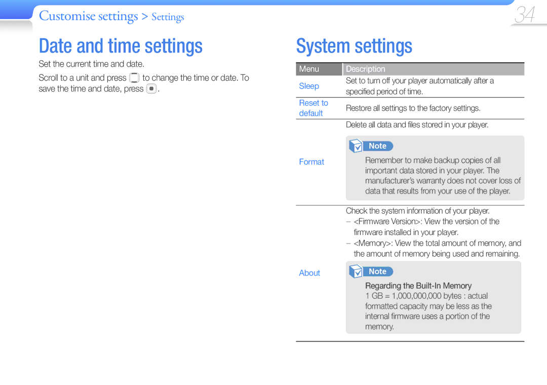 Samsung YP-U7AP/EDC, YP-U7AP/XEF, YP-U7AS/XEF, YP-U7AB/XEF, YP-U7AB/EDC, YP-U7AS/EDC Date and time settings, System settings 