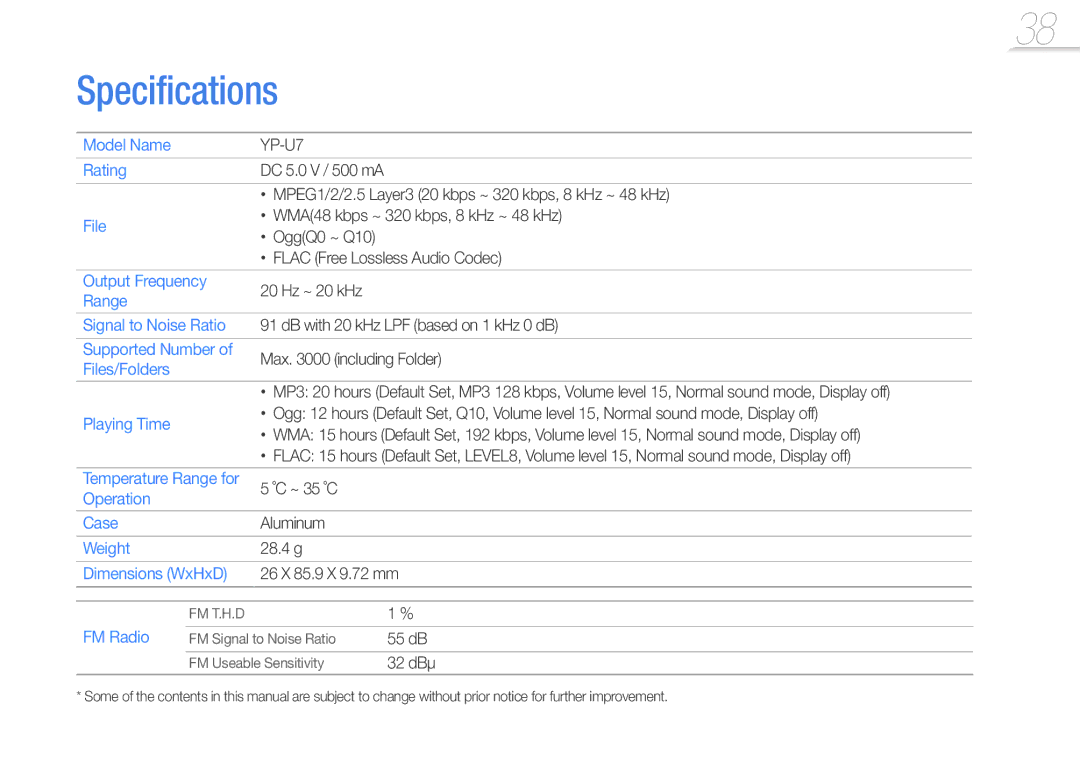 Samsung YP-U7AB/XEF, YP-U7AP/XEF, YP-U7AS/XEF, YP-U7AB/EDC, YP-U7AP/EDC, YP-U7AS/EDC manual Specifications 