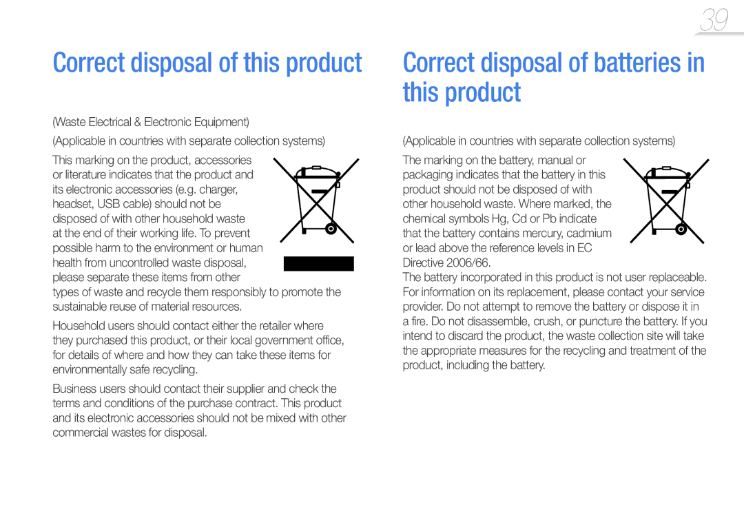 Samsung YP-U7AB/EDC, YP-U7AP/XEF manual Correct disposal of batteries in this product, Correct disposal of this product 