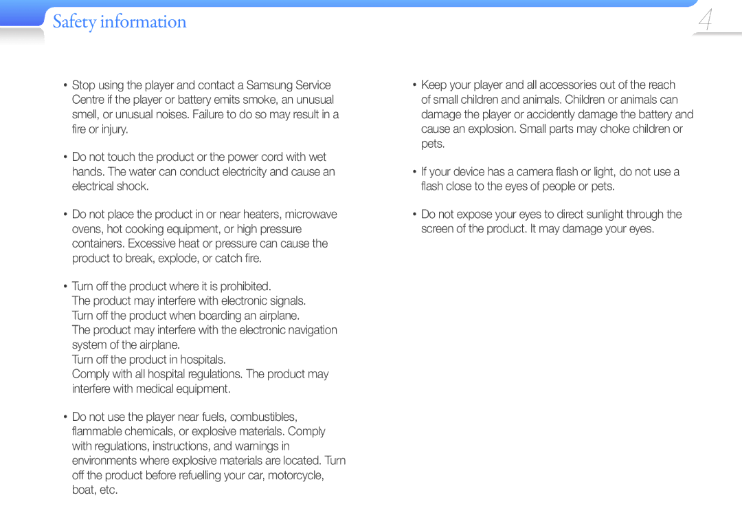 Samsung YP-U7AP/EDC, YP-U7AP/XEF, YP-U7AS/XEF, YP-U7AB/XEF, YP-U7AB/EDC, YP-U7AS/EDC manual Safety information 