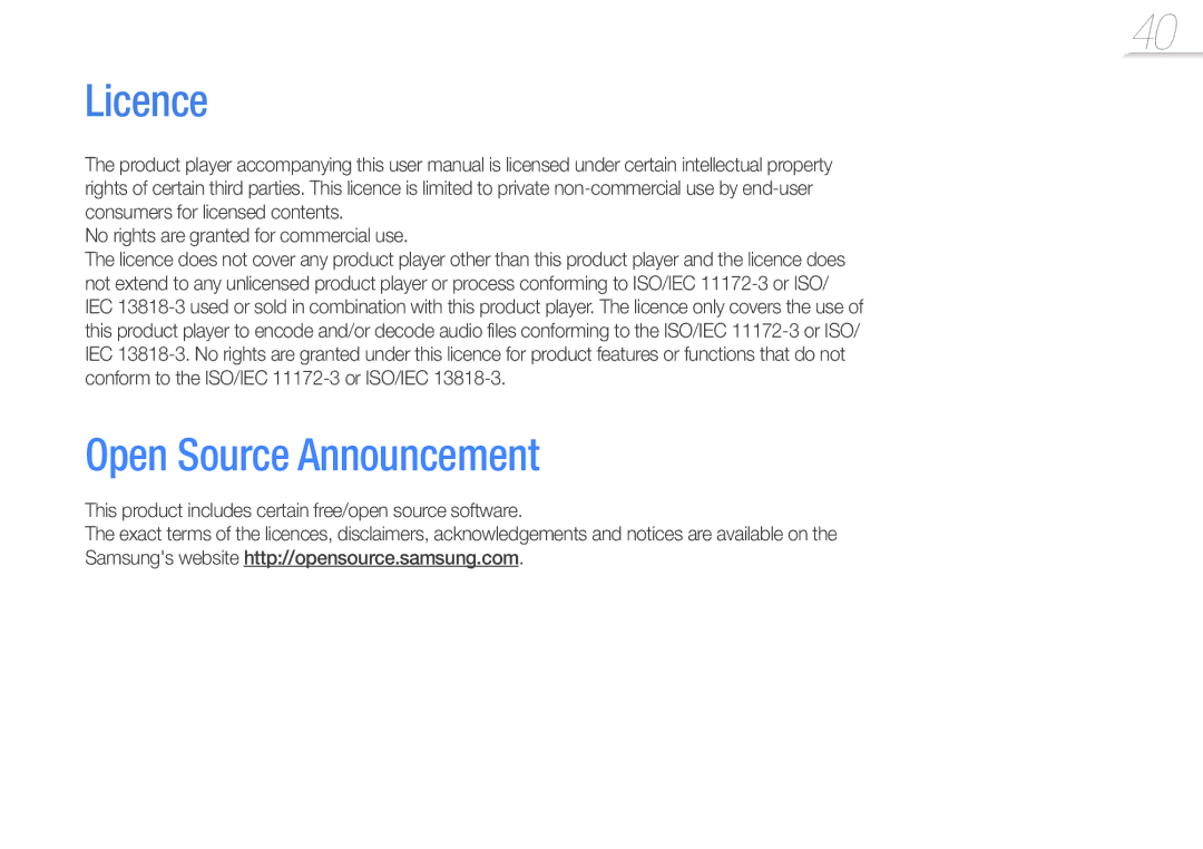 Samsung YP-U7AP/EDC, YP-U7AP/XEF, YP-U7AS/XEF, YP-U7AB/XEF, YP-U7AB/EDC Licence, No rights are granted for commercial use 