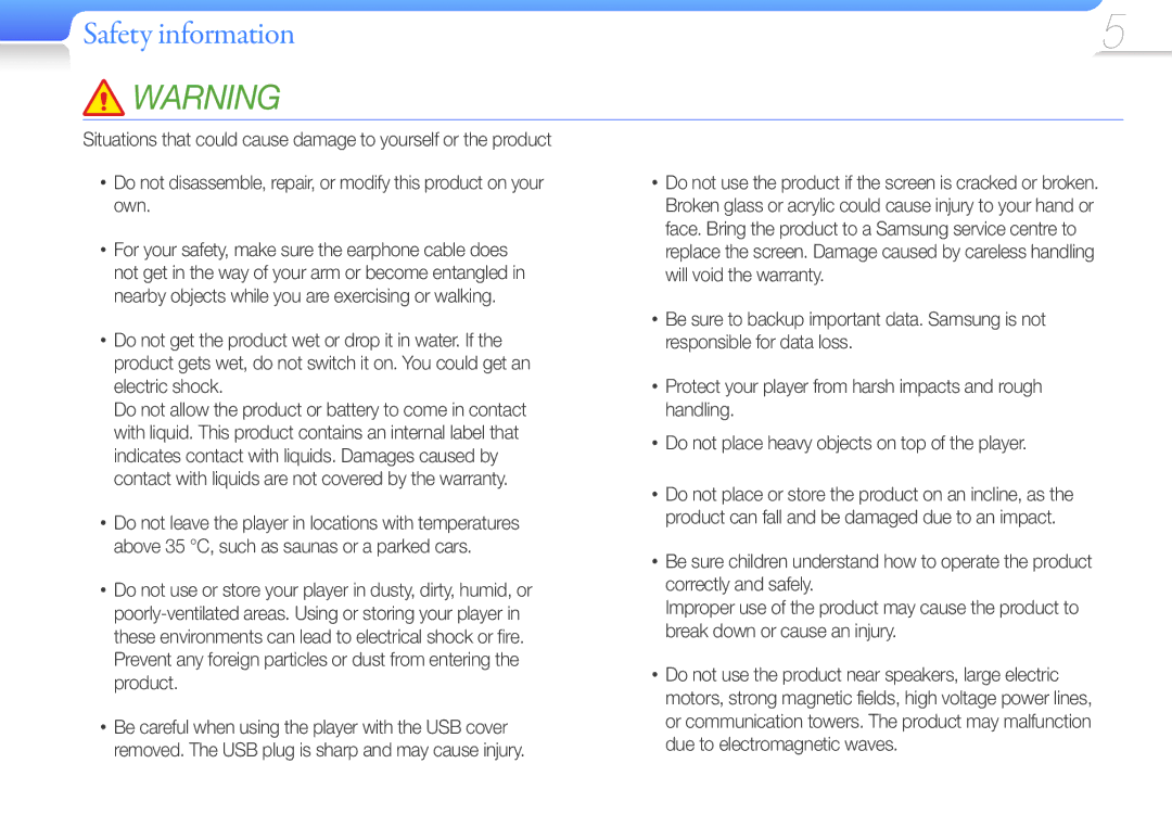 Samsung YP-U7AS/EDC, YP-U7AP/XEF, YP-U7AS/XEF, YP-U7AB/XEF, YP-U7AB/EDC, YP-U7AP/EDC manual Safety information 