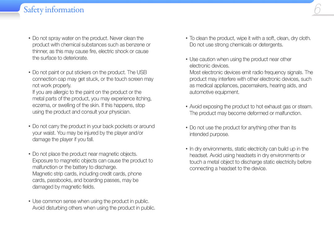 Samsung YP-U7AP/XEF, YP-U7AS/XEF, YP-U7AB/XEF, YP-U7AB/EDC, YP-U7AP/EDC, YP-U7AS/EDC manual Safety information 