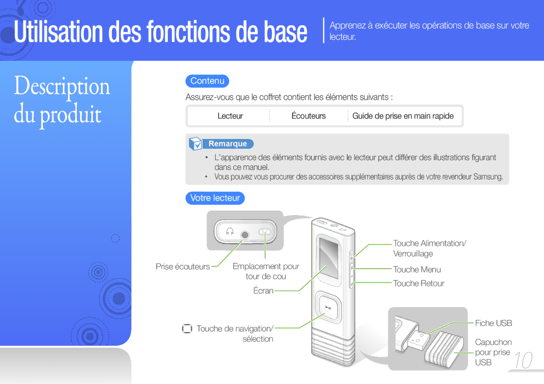 Samsung YP-U7AS/XEF, YP-U7AP/XEF manual Contenu, Assurez-vous que le coffret contient les éléments suivants, Votre lecteur 