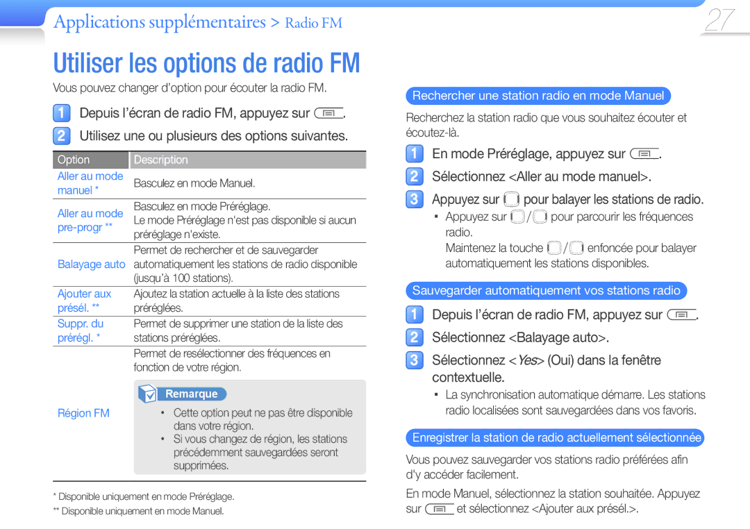 Samsung YP-U7AP/XEF manual Rechercher une station radio en mode Manuel, Sauvegarder automatiquement vos stations radio 