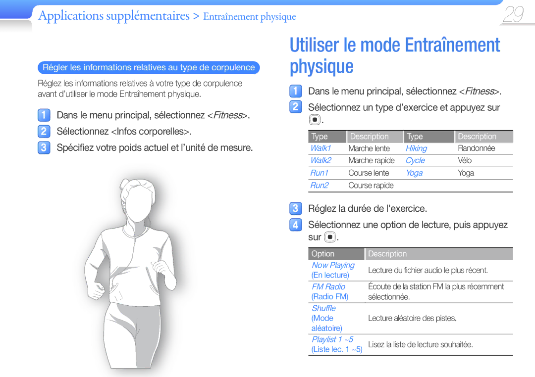 Samsung YP-U7AB/XEF manual Utiliser le mode Entraînement physique, Régler les informations relatives au type de corpulence 