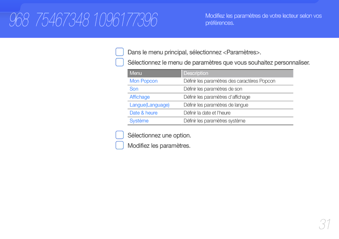 Samsung YP-U7AS/XEF, YP-U7AP/XEF, YP-U7AB/XEF manual Vous pouvez changer les paramètres de votre lecteur, Menu Description 