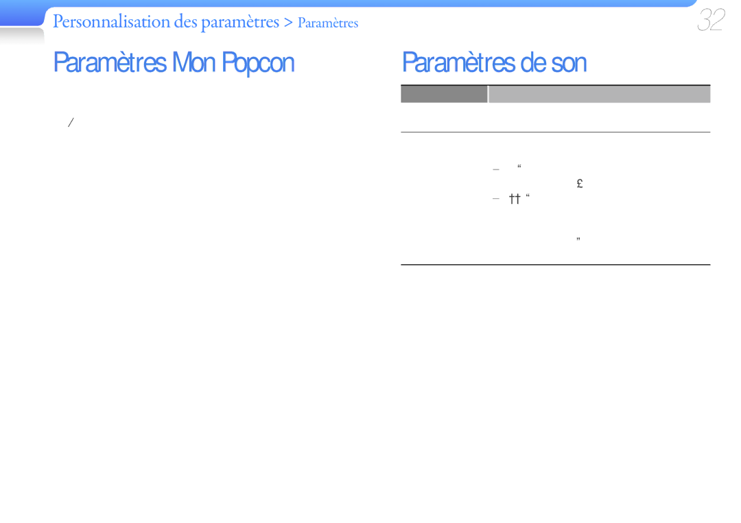 Samsung YP-U7AB/XEF, YP-U7AP/XEF, YP-U7AS/XEF manual Paramètres Mon Popcon, Paramètres de son, Bip 