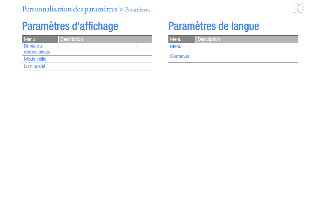 Samsung YP-U7AP/XEF, YP-U7AS/XEF, YP-U7AB/XEF manual Paramètres daffichage, Paramètres de langue 