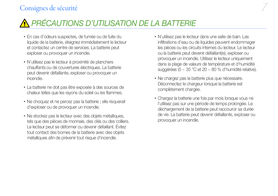 Samsung YP-U7AS/XEF, YP-U7AP/XEF, YP-U7AB/XEF manual Précautions D’UTILISATION DE LA Batterie 