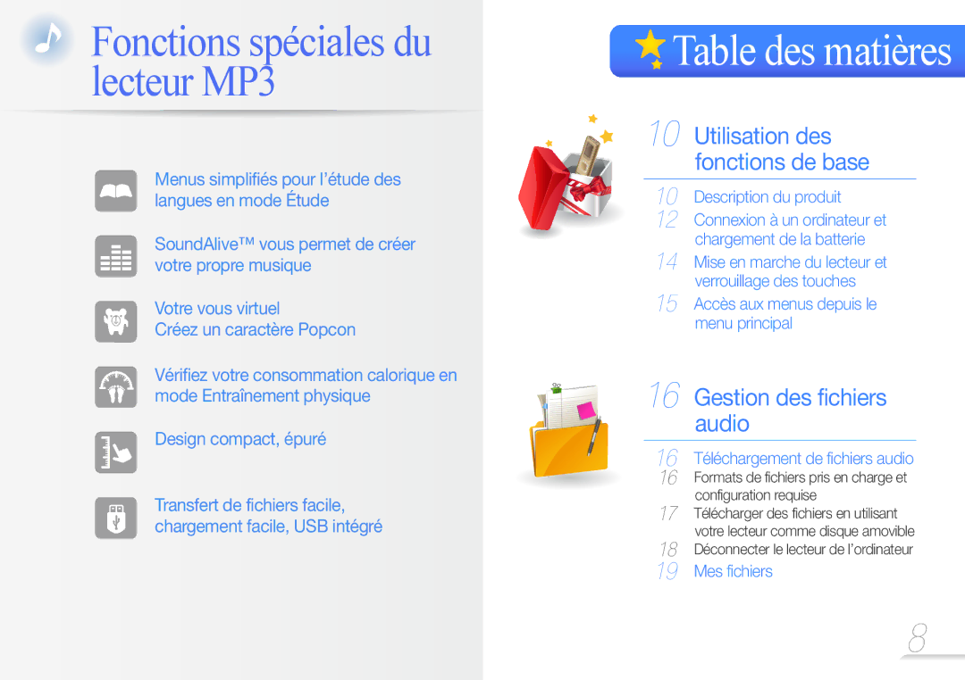 Samsung YP-U7AB/XEF, YP-U7AP/XEF, YP-U7AS/XEF manual Fonctions spéciales du lecteur MP3 