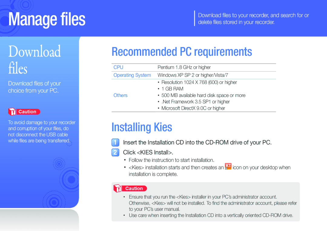 Samsung YP-VP2 user manual Recommended PC requirements, Download files of your choice from your PC 