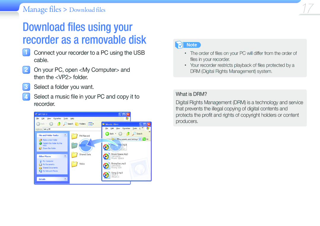 Samsung YP-VP2 user manual Download files using your recorder as a removable disk 